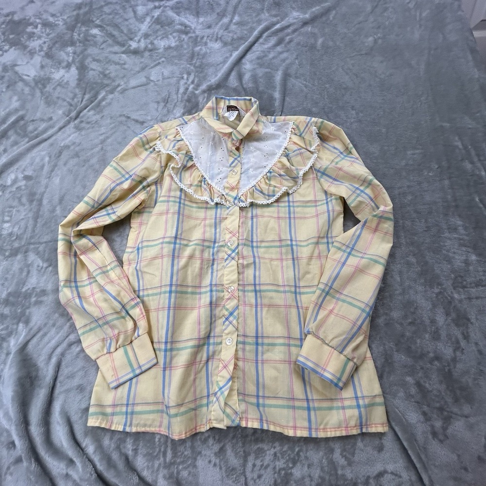Vintage 70s Sheplers Western Prairie Blouse Womens 8 Yellow Plaid Lace Ruffle US
